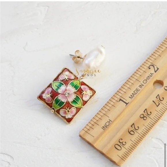 NWT Anthropologie Cloisonne Pearl Drop Earrings - Picture 5 of 7